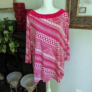 Susan Graver Women's XL Liquid Knit Boar Neck Geometric Pink 3/4Sleeve Tunic 108